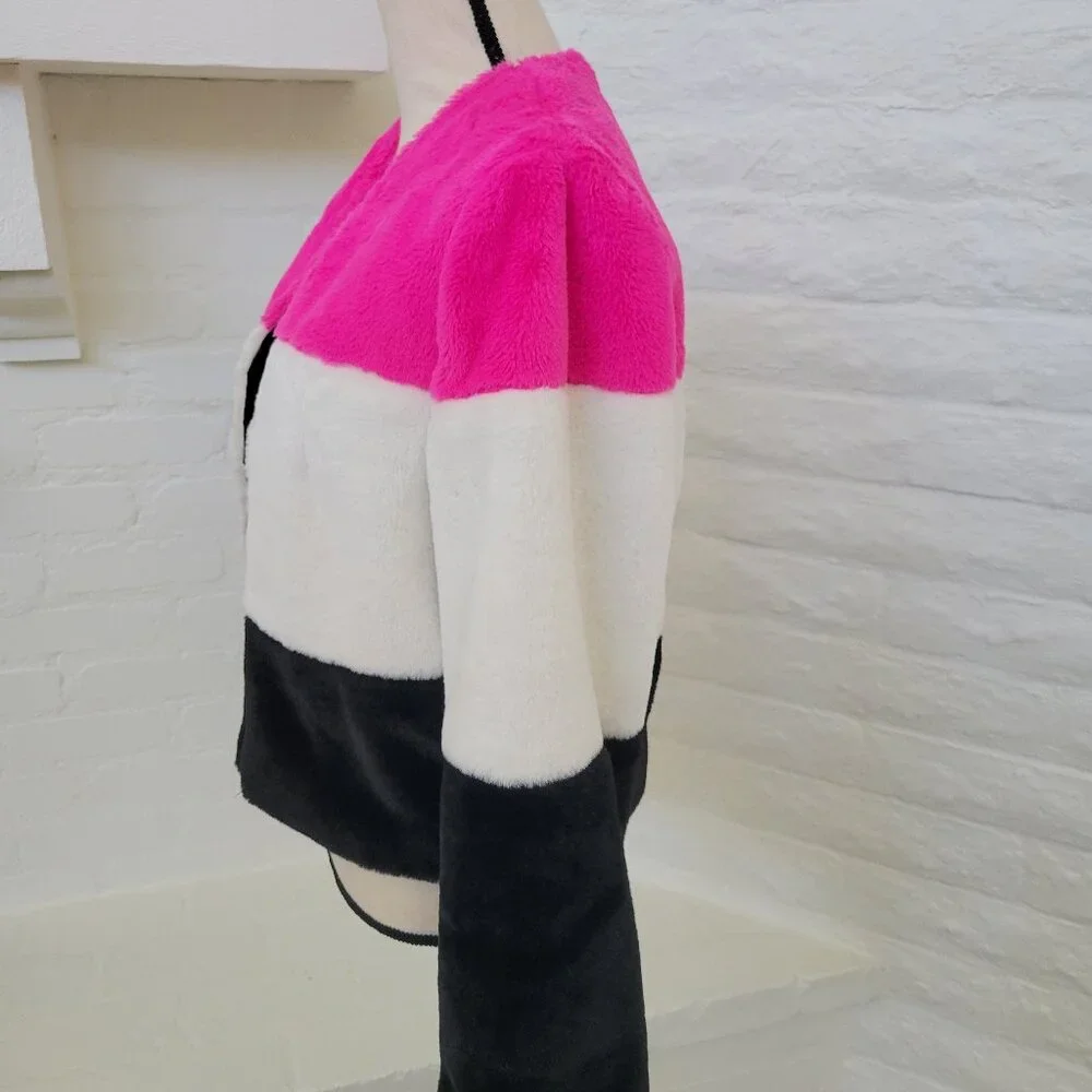 Coat Juniors Medium Black Pink White Fuzzy Furry Teddy Jacket Long Sleeve Dressy - Picture 4 of 7